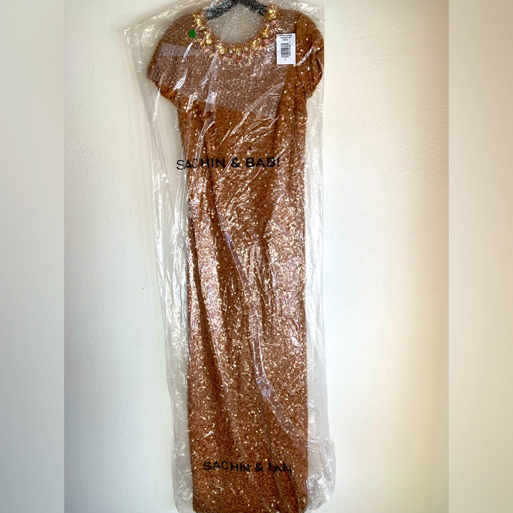 Sachin + Babi Sequined Formal Gown Size 2 Elegant Gold Column Gown Rhinestones - Picture 10 of 13